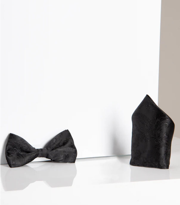 Ensemble Gentlemen Marc Darcy Black Paisley Bow Tie with Pocket Square